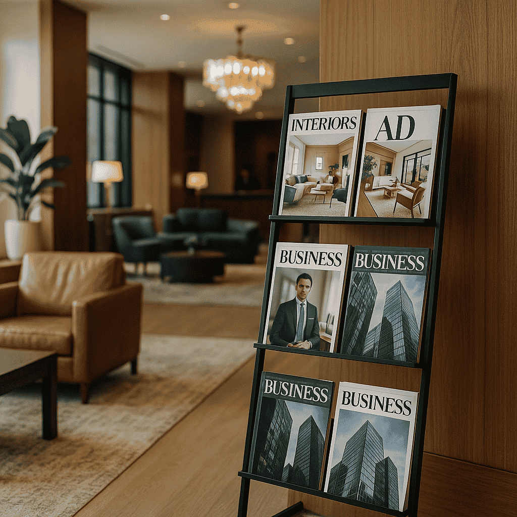 Ett tidningsställ i en lobby